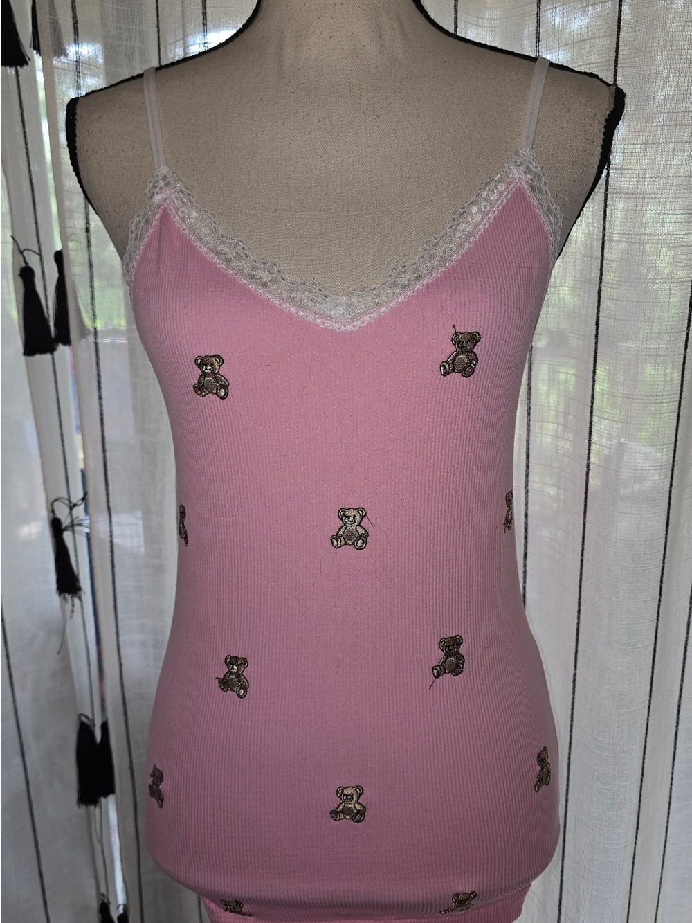 Pink Teddy-Embroidered Lace-Trim Cami Top